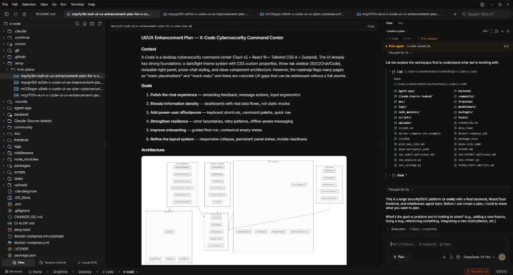 Tron AI agent planning in Chat while a plan document is open in the editor