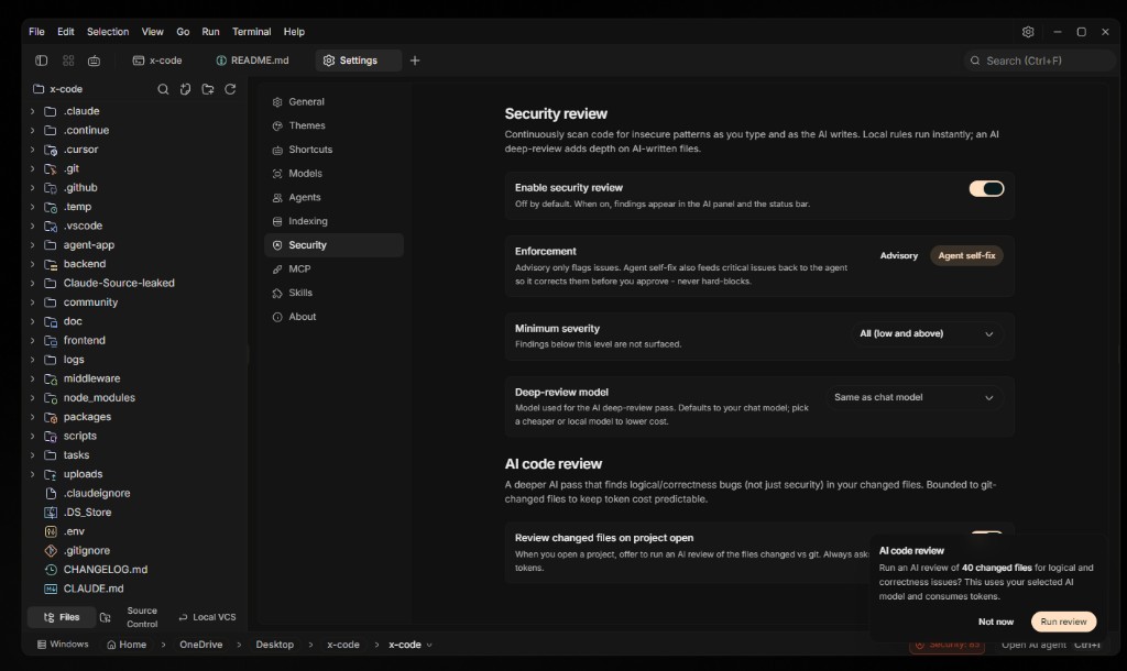 Tron AI Security settings showing Security review, Agent self-fix, and AI code review