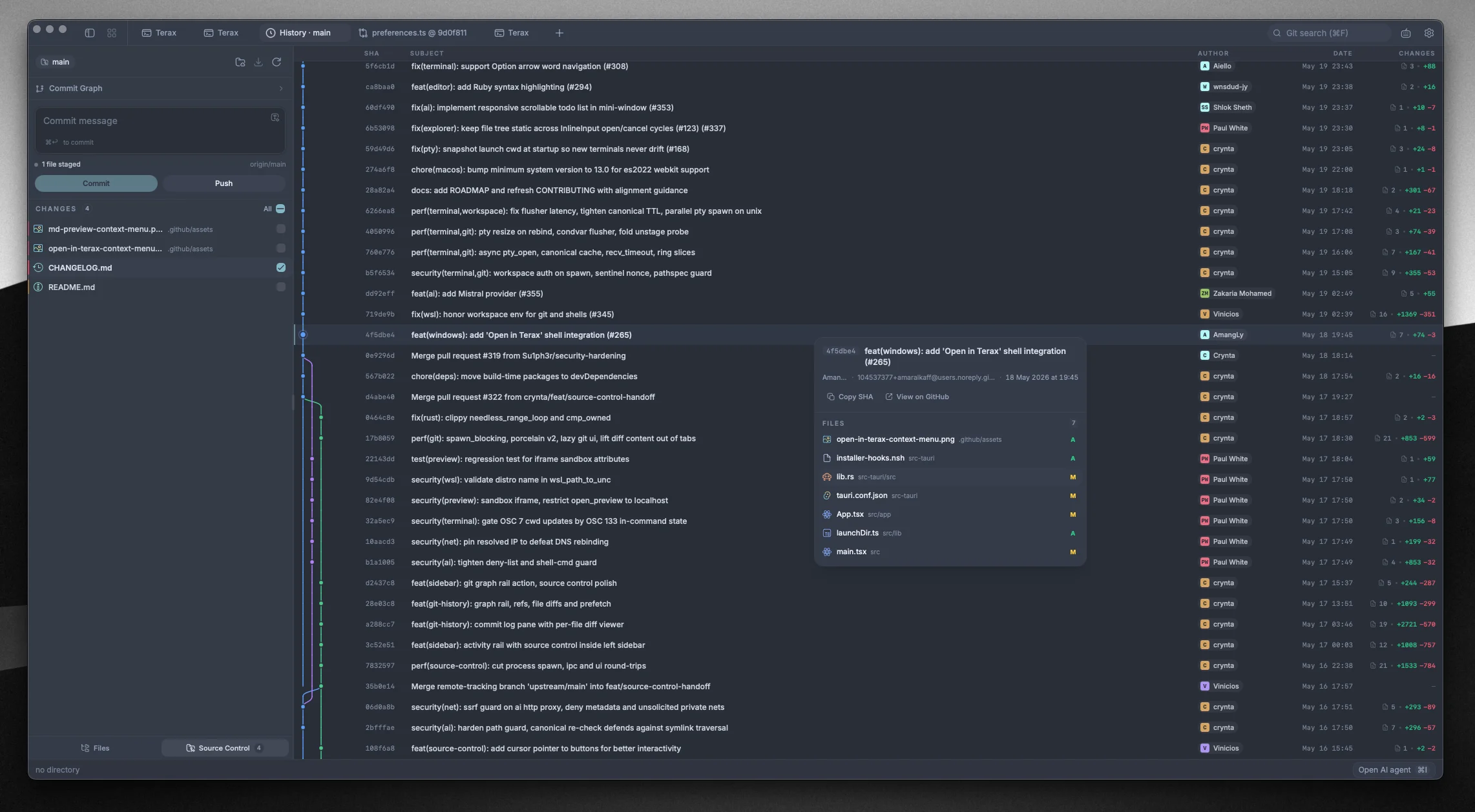 Tron AI source control panel with diff and commit graph