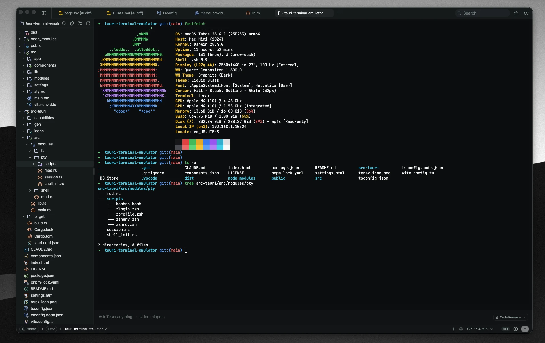 Tron AI terminal showing fastfetch output and the file explorer