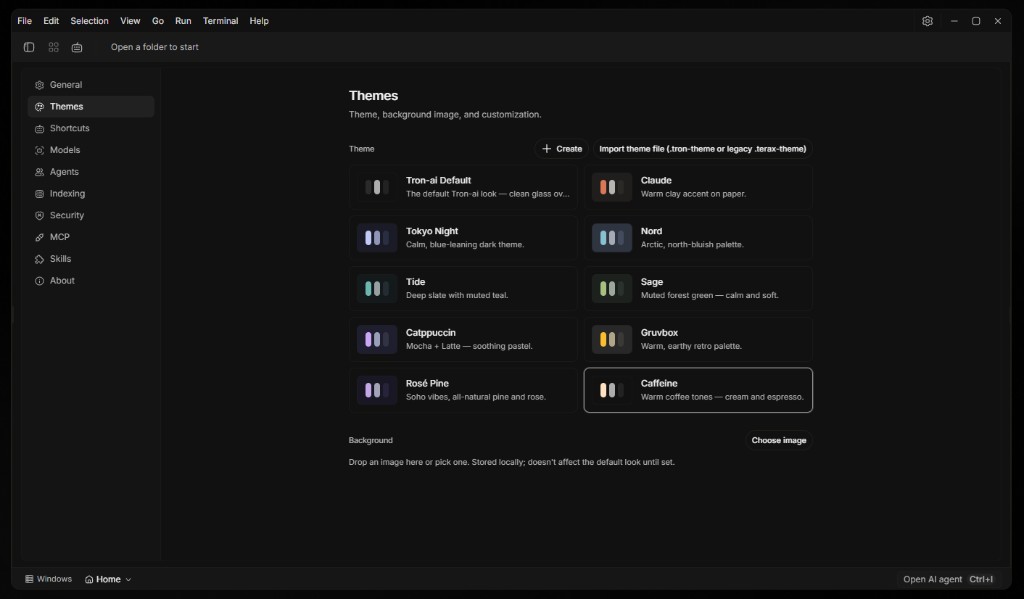 Tron AI Themes settings showing app palettes, Create, and Import theme file