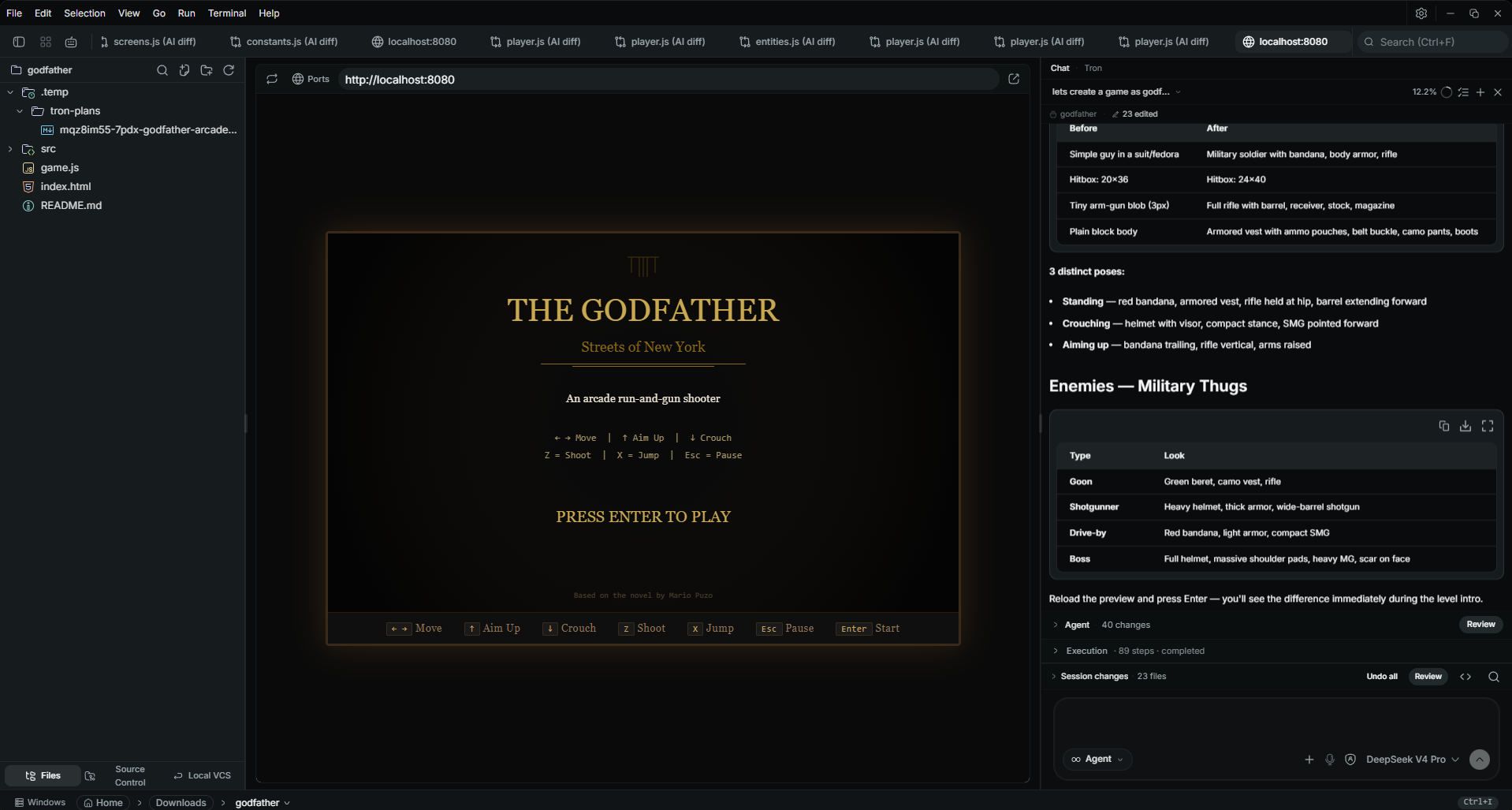 Tron AI web preview showing a live app rendered beside the editor